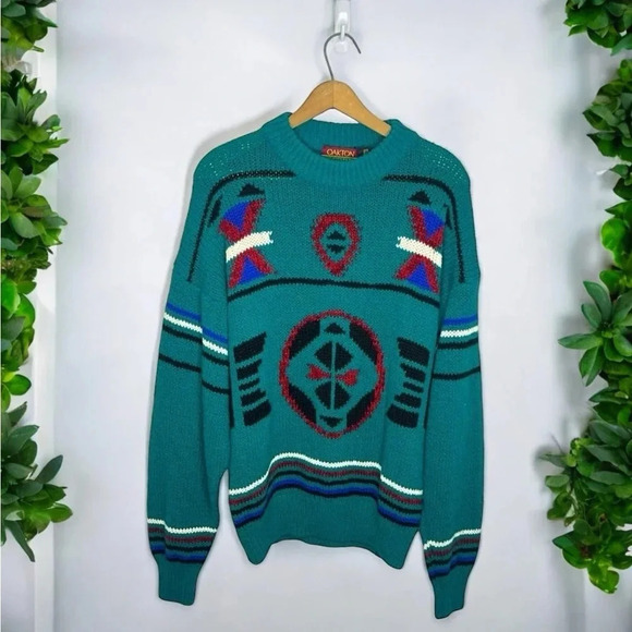 Vintage 90s Oakton Aztec All Over Print Grandpa Aesthetic Teal Knit Sweater - Picture 3 of 8